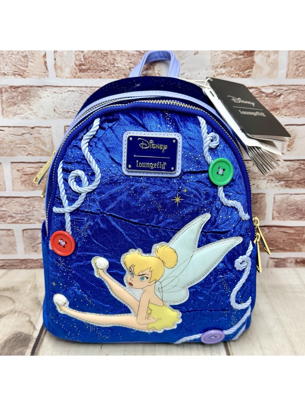 Loungefly Disney Light Up Tinker Bell Sassy Button Blue Velvet Mini Backpack NWT